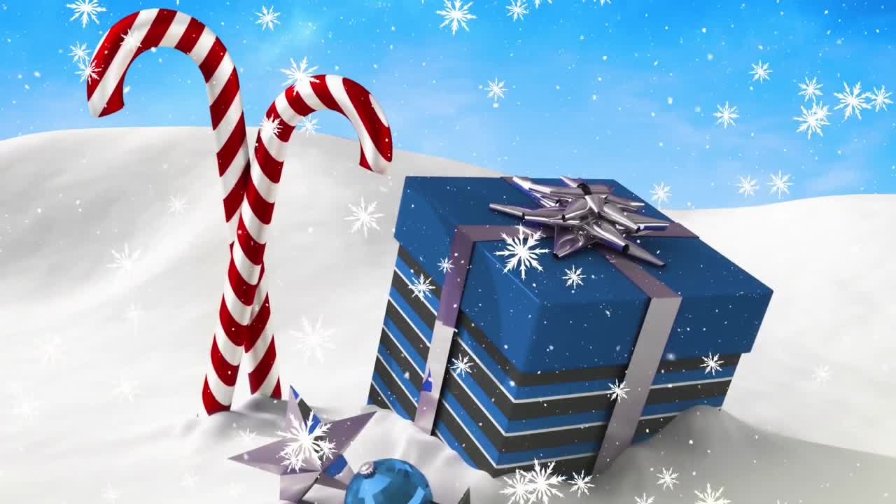 animación de nieve cayendo sobre la navidad presente en fondo azul