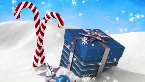 Animation-Von-Schnee,-Der-über-Weihnachtsgeschenk-Auf-Blauem-Hintergrund-Fällt