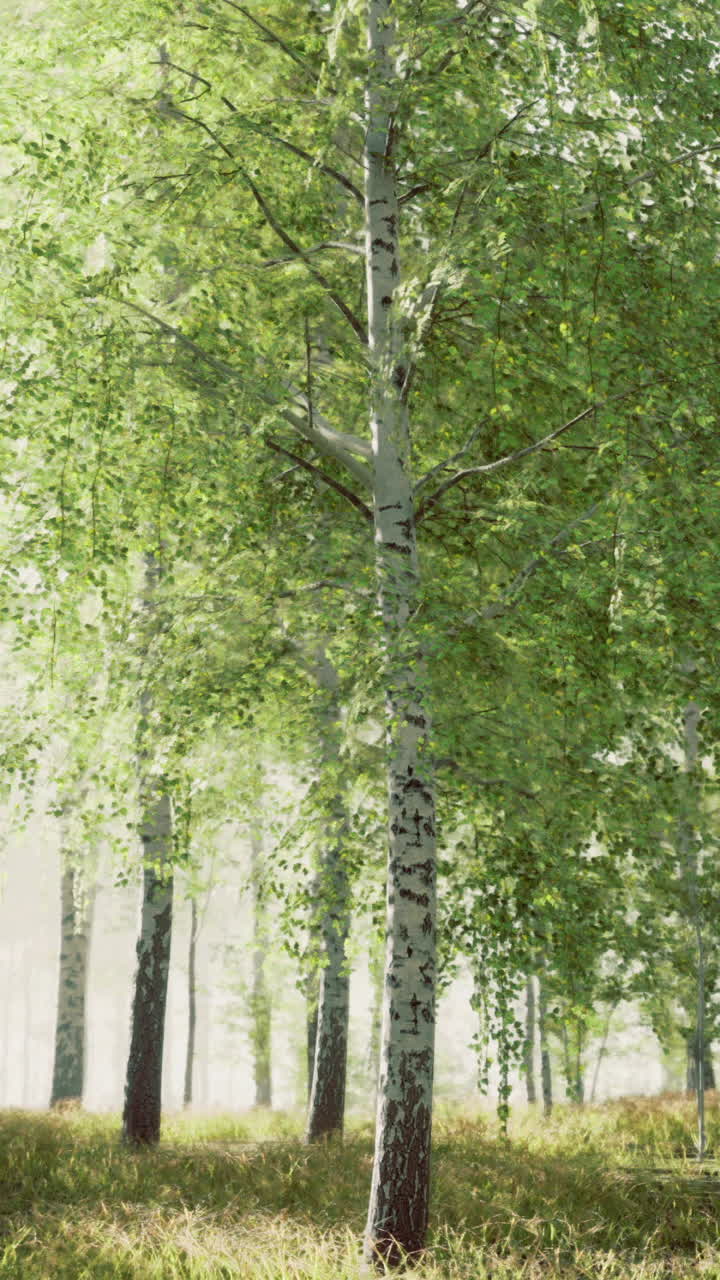 Rigogliosa foresta verde con alberi alti e la luce soffusa del sole che filtra attraverso le fronde