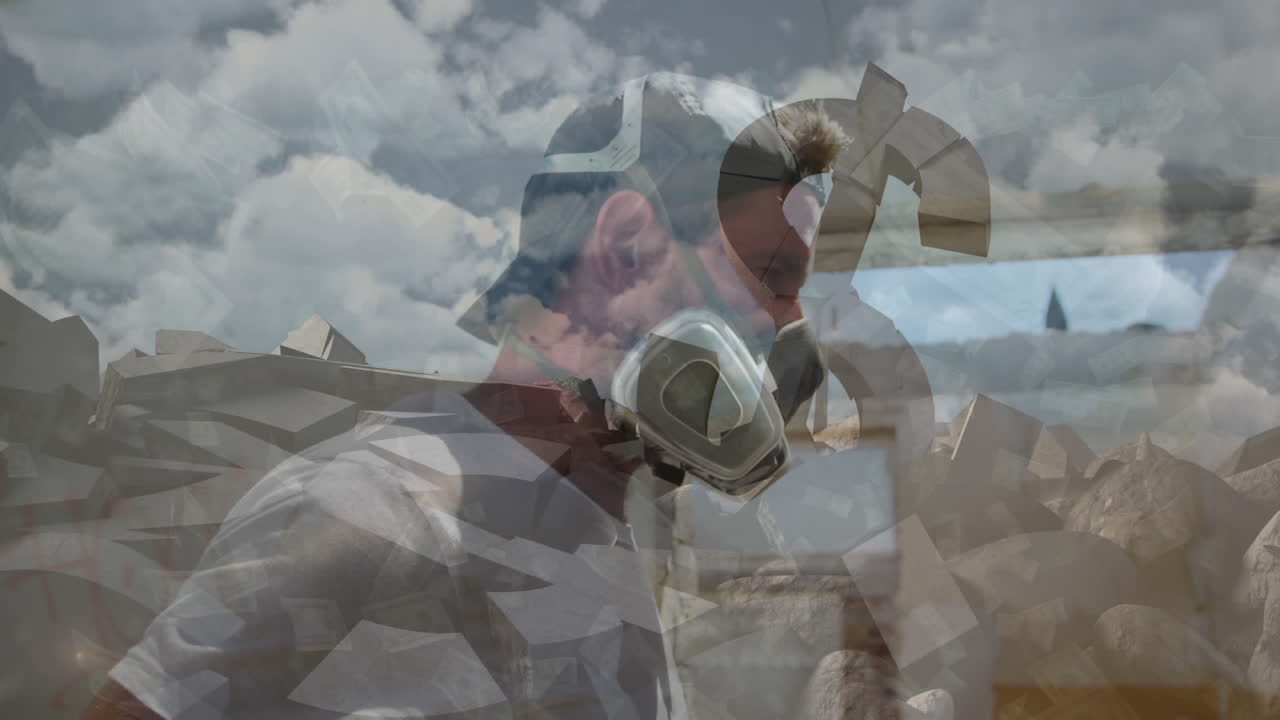 анимация разрушающегося символа американского доллара с человеком, носящим маску на фоне коронавируса c