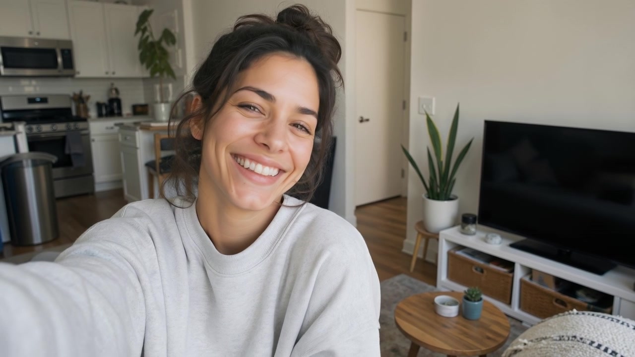 Giovane donna felice che registra un video selfie e saluta la telecamera a casa.