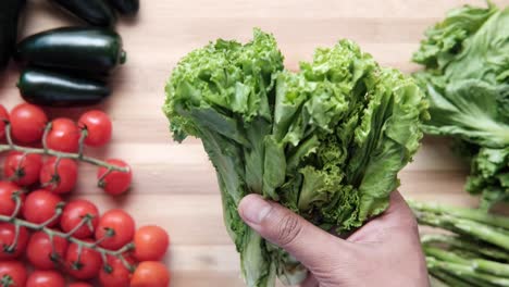 hand holding fresh lettuce with vegetables