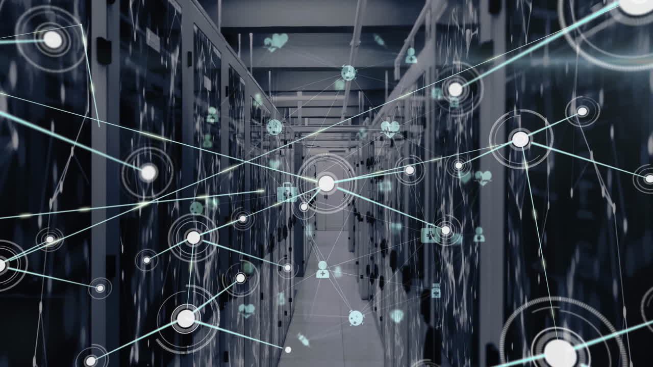 Animation of network of connections with icons on black background