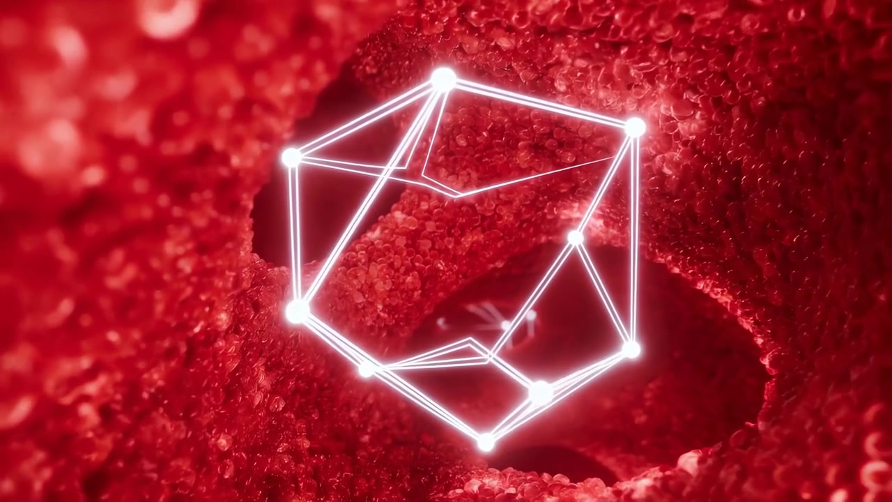 A bright white polygonal wireframe floats over a red textured organic surface with a soft circular opening, creating a futuristic abstract scene with strong