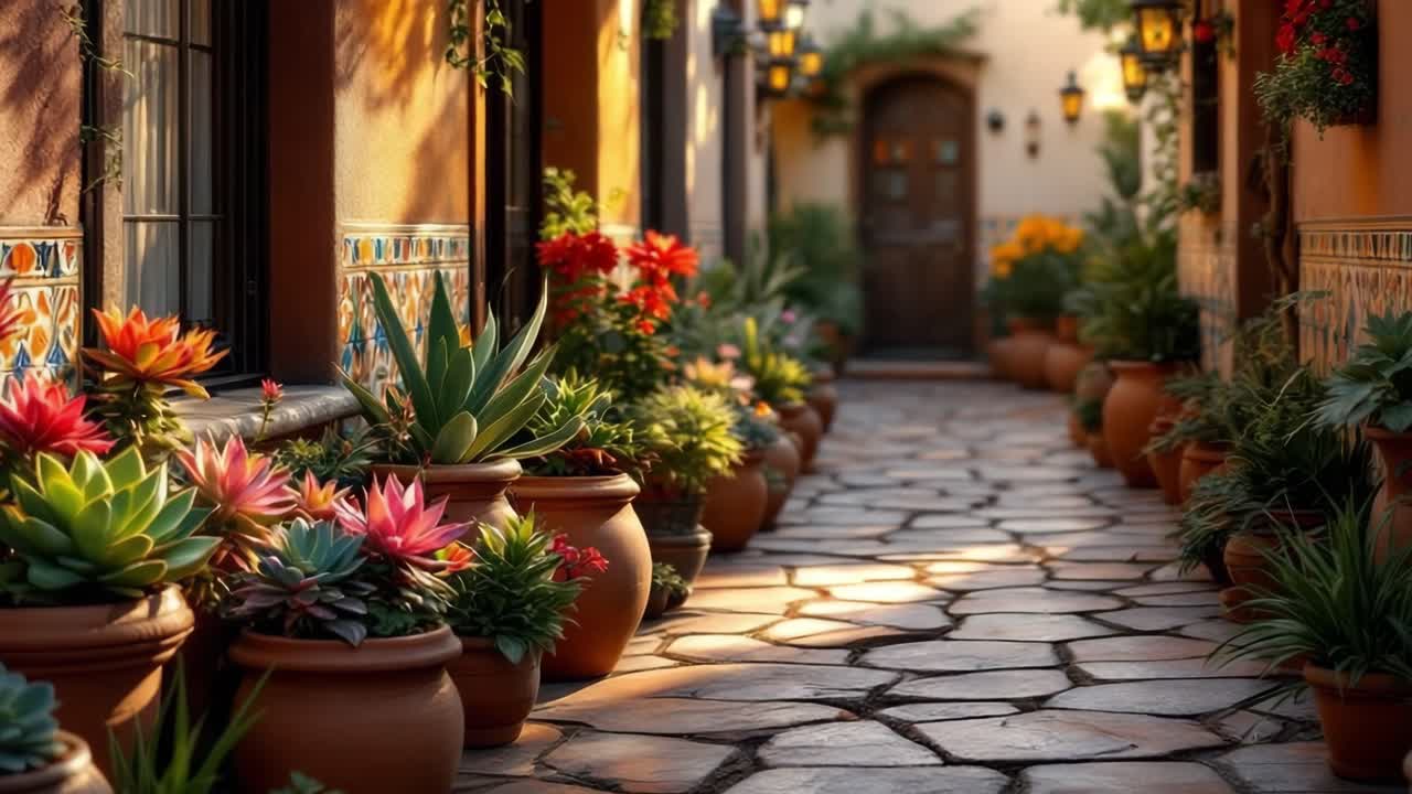 Vibrant garden pathway adorned with colorful flowers and lush greenery in warm sunlight