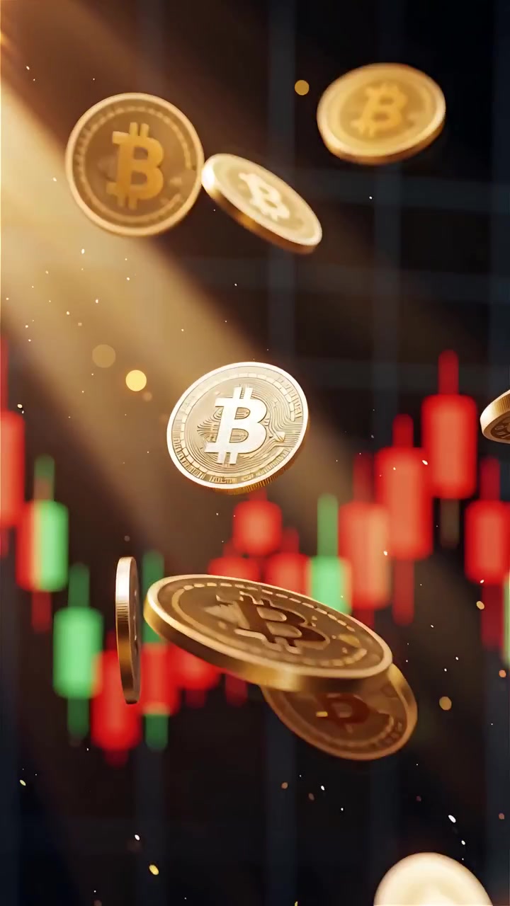 Moedas de Bitcoin douradas com fundo de gráfico de velas desfocado 4K