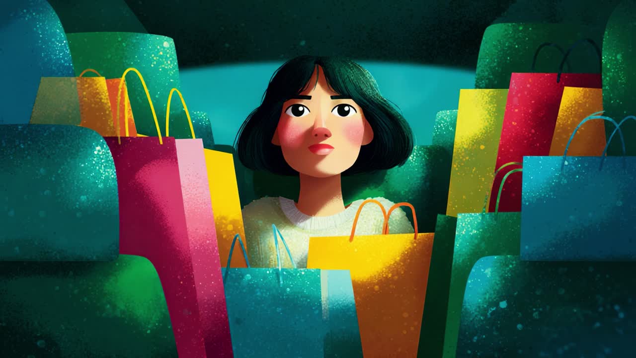 A joyful shopping experience captured in vibrant colors, featuring a young woman surrounded by colorful shopping bags while enjoying her moment in a car filled with excitement