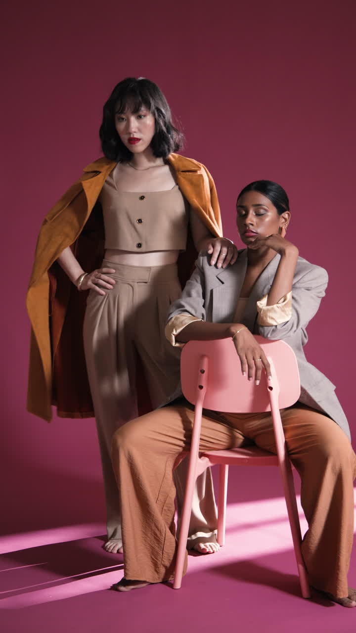 Vertical video: Confident women in stylish outfits posing with pink chair in modern studio