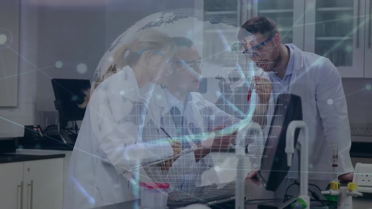 animación de redes, procesamiento de datos y globo sobre diversos científicos en el laboratorio