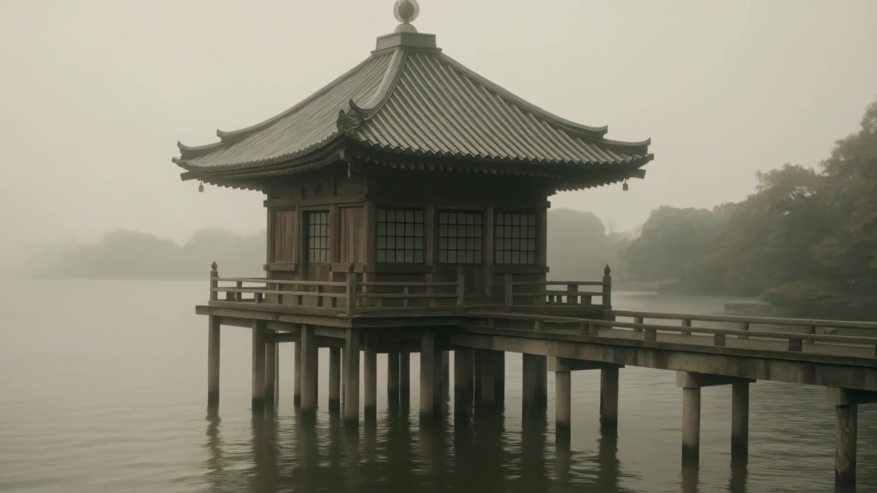 Traditionel japansk pavillon på pæle over en tåget sø.
