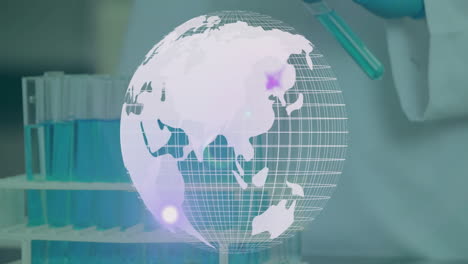 globe animation over laboratory setting with test tubes and scientist working
