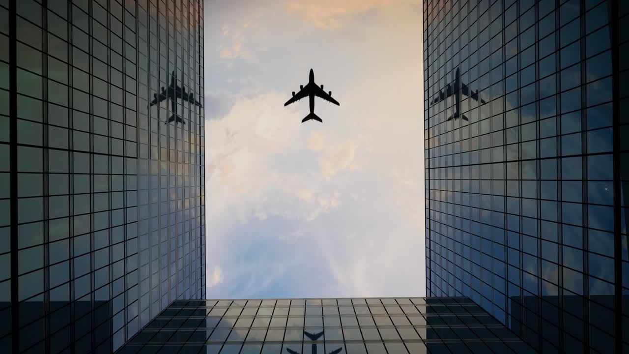 avión volando entre rascacielos al atardecer