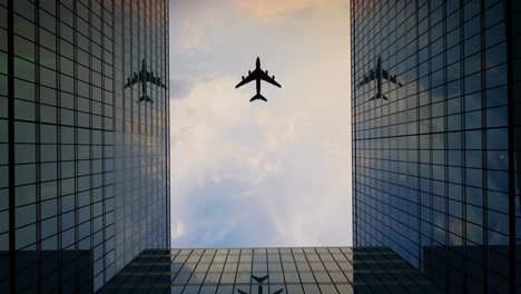 airplane flying between skyscrapers at sunset