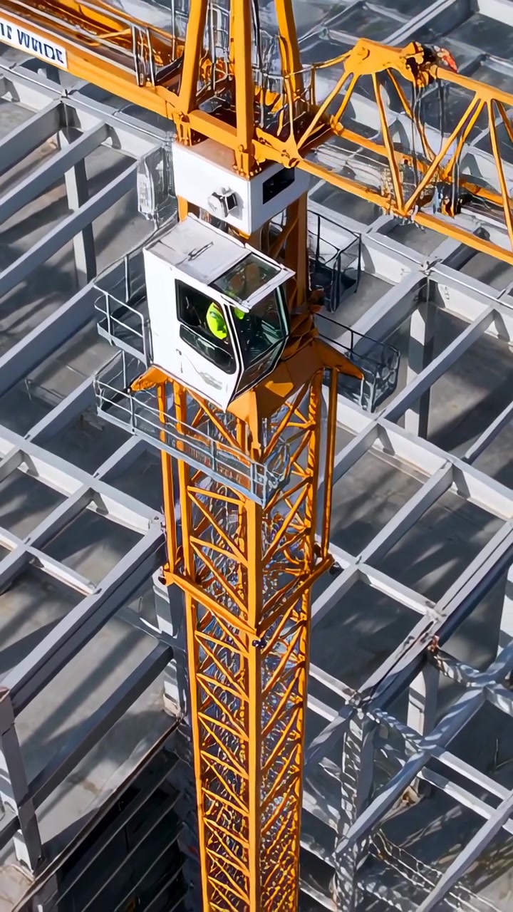 Vertical video: Panning crane showing operator moving controls at site monitoring deck, in jacket