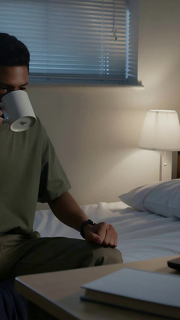 Vertical video: Lifting mug, man in green shirt drinking in bedroom, looking at laptop notebook