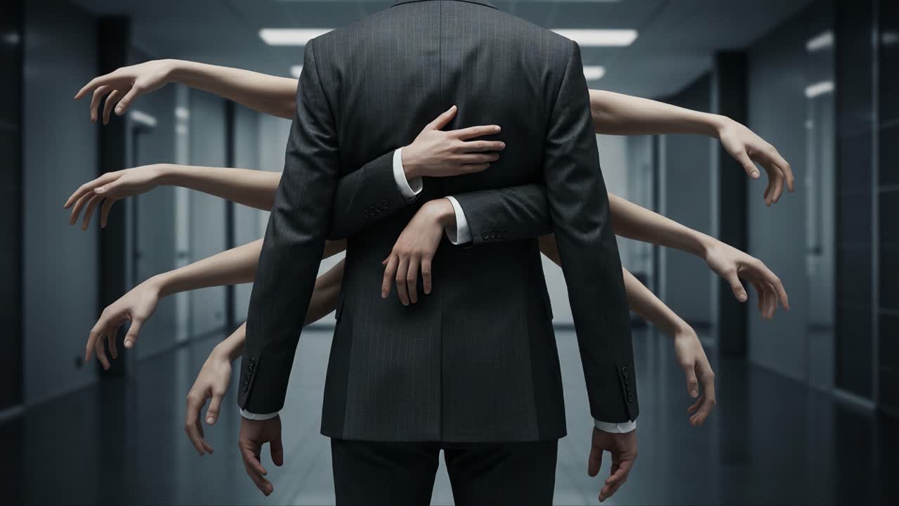 A striking visual representation of emotional burden and the complexities of support, featuring a figure in a suit enveloped by numerous outstretched hands in a modern corridor