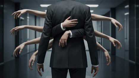 a striking visual representation of emotional burden and the complexities of support, featuring a figure in a suit enveloped by numerous outstretched hands in a modern corridor