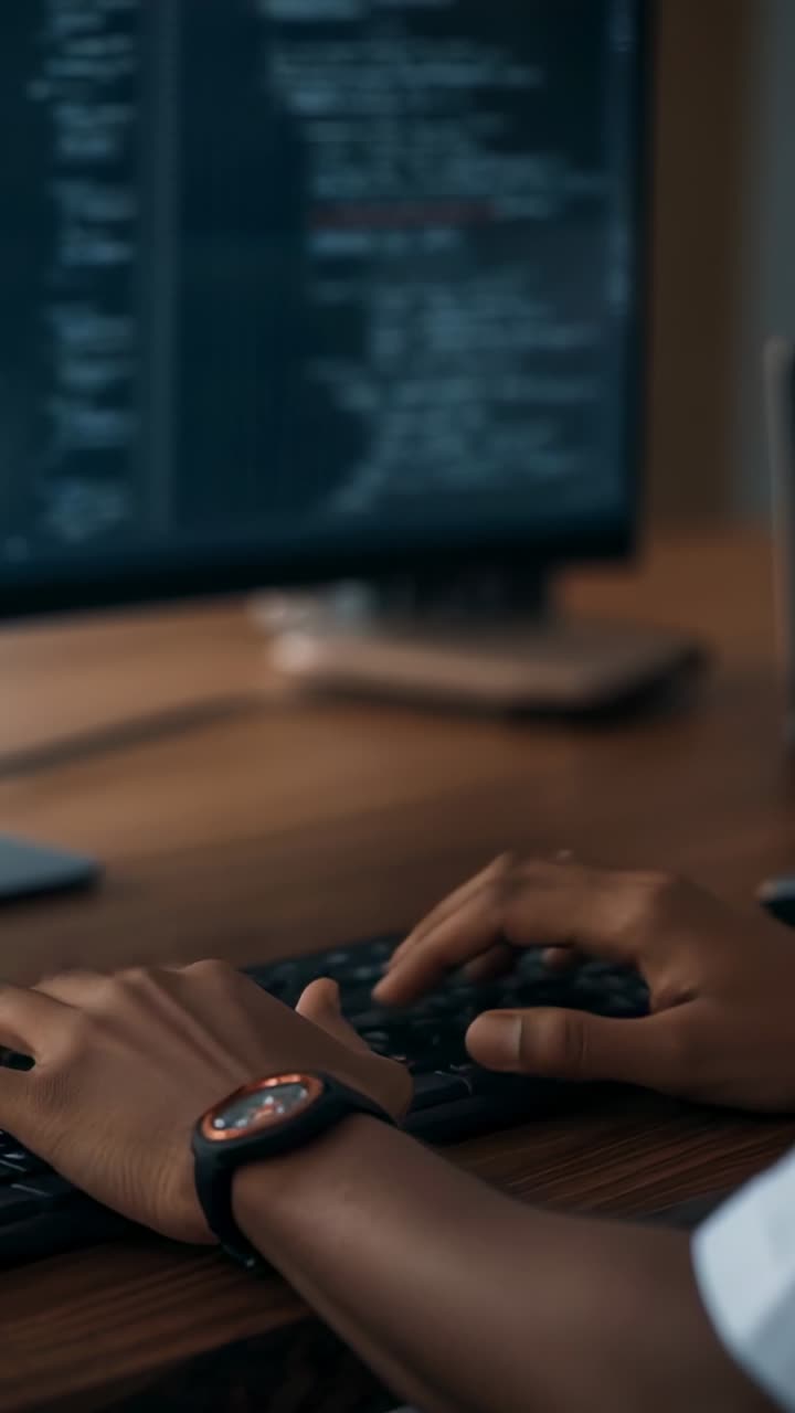 Vertical video: Developer starting typing after pause in office to edit code with keyboard monitor