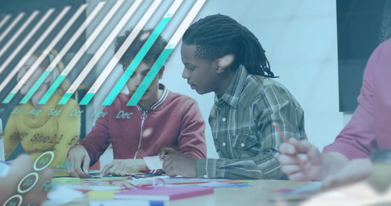 Calendar bars appearing as two men leaning, starting arranging paper for design, charts sweeping