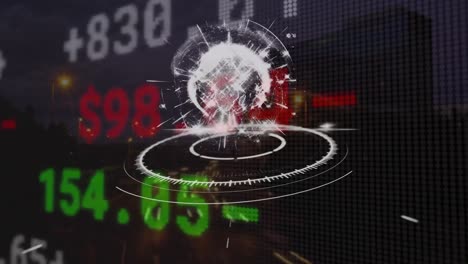 animación del globo con escaneo de alcance y datos financieros sobre el paisaje urbano