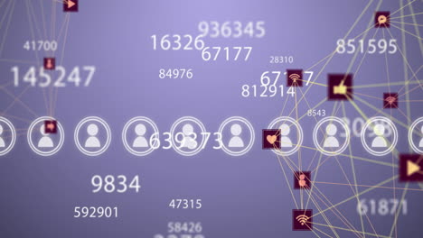 animation of changing numbers, profile icons, spinning globes of digital icons on purple background