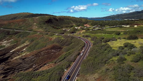 drone footage of traffic on kalaniana’ole highway, near kahauloa cove and lanai lookout on the southeast side of oahu, hawaii