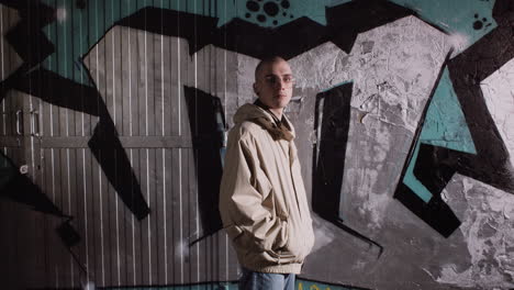 young man in street style clothing in front of graffiti art