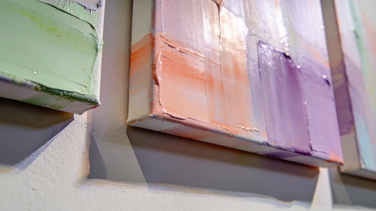 Panorerende kamera over tre lærredspaneler på en gallerivæg, der fremhæver blanke impasto-teksturer.