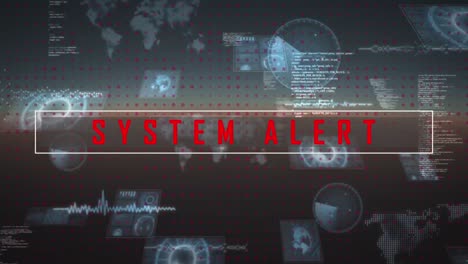 Animation-of-system-alert-text-and-data-processing-on-black-background