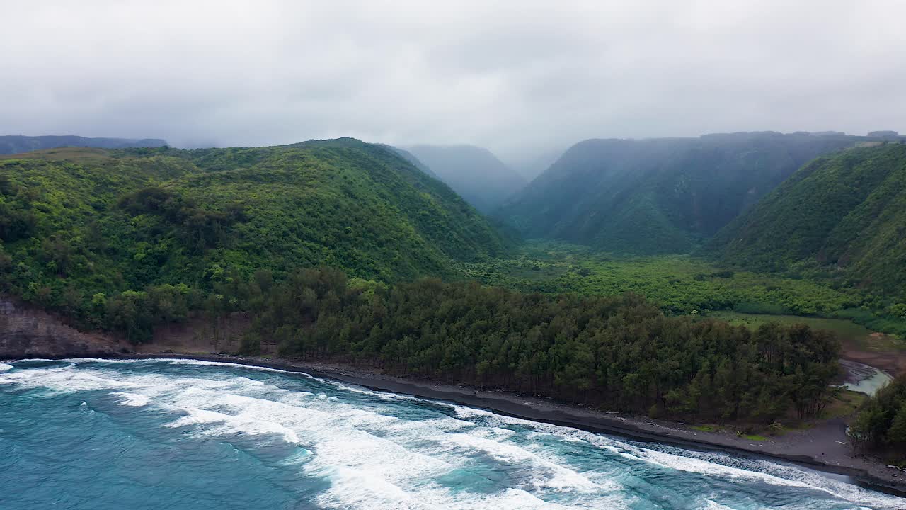Dense green cliffs rise above a black sand beach and the Pacific Ocean in Pololu Valley, Hawaii. Waves roll ashore beneath a cloudy sky, creating a dramatic coastal scene.