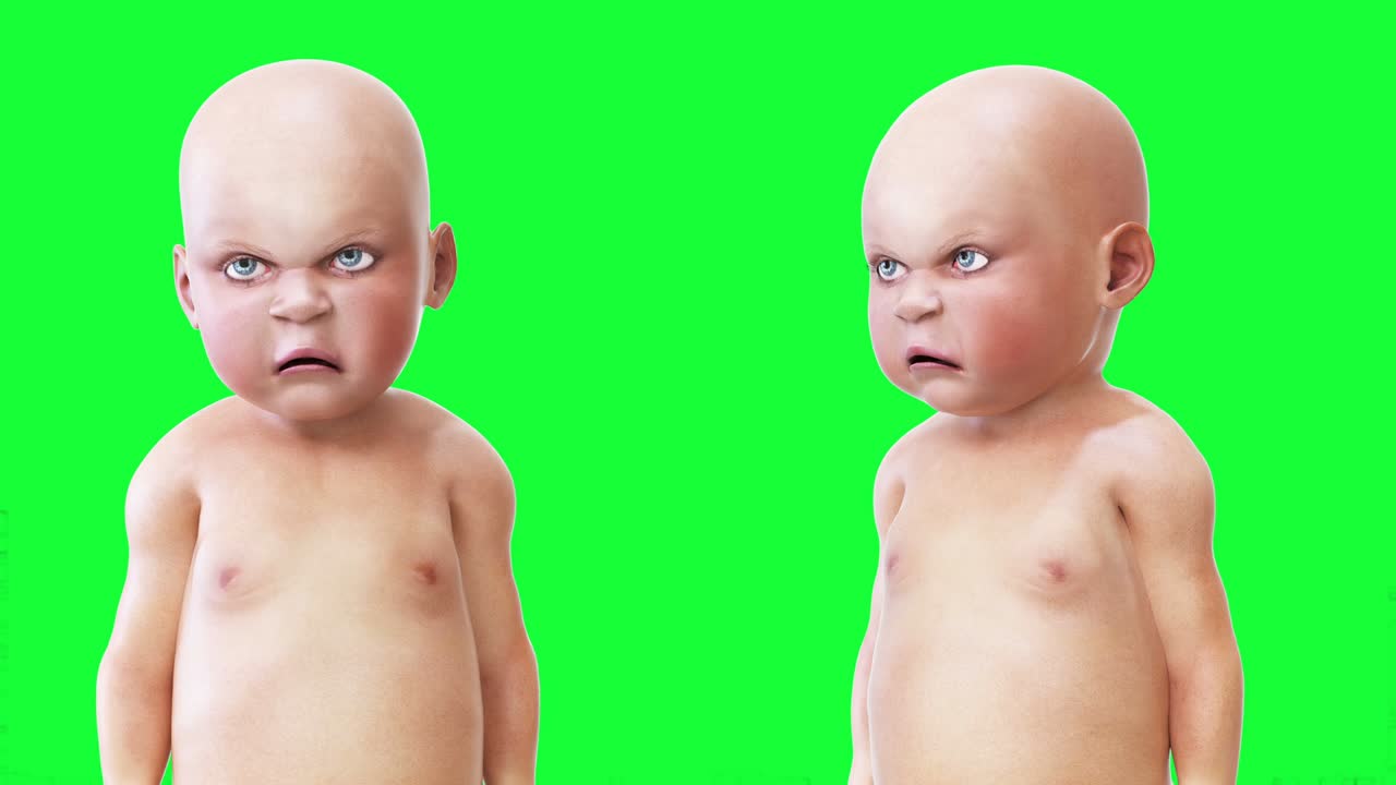 Evil speaking baby, children. Green screen realistic animation.