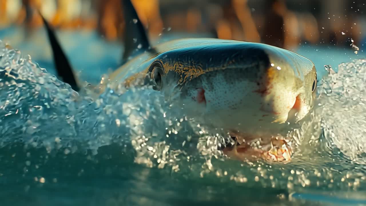 Close encounter with a shark in water. A shark swims close to the surface near beachgoers enjoying a summer day at the ocean.