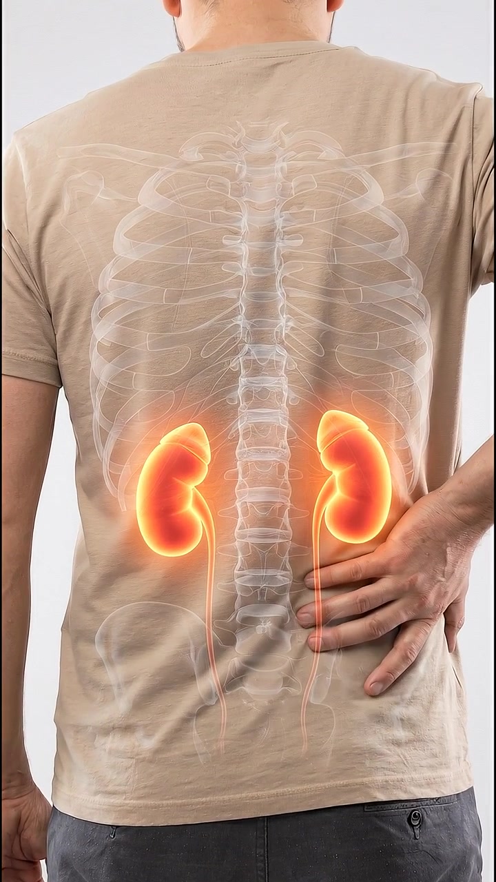 Vertical rear view of man pressing lower back with highlighted kidneys