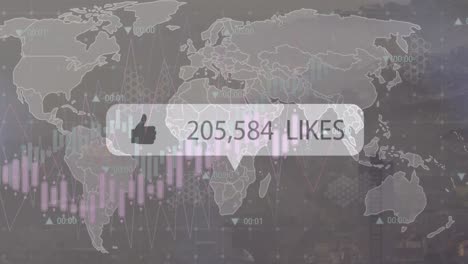 Animation-of-like-icon-with-increasing-likes-and-data-processing-over-world-map-on-grey-background