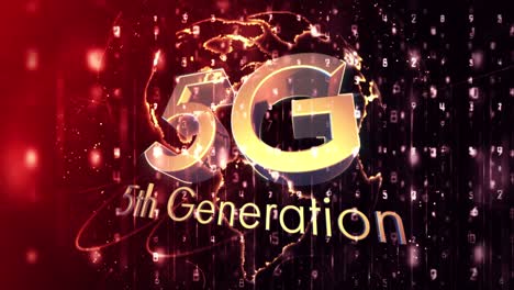 animation of 5g 5th generation text over spinning globe and numbers changing