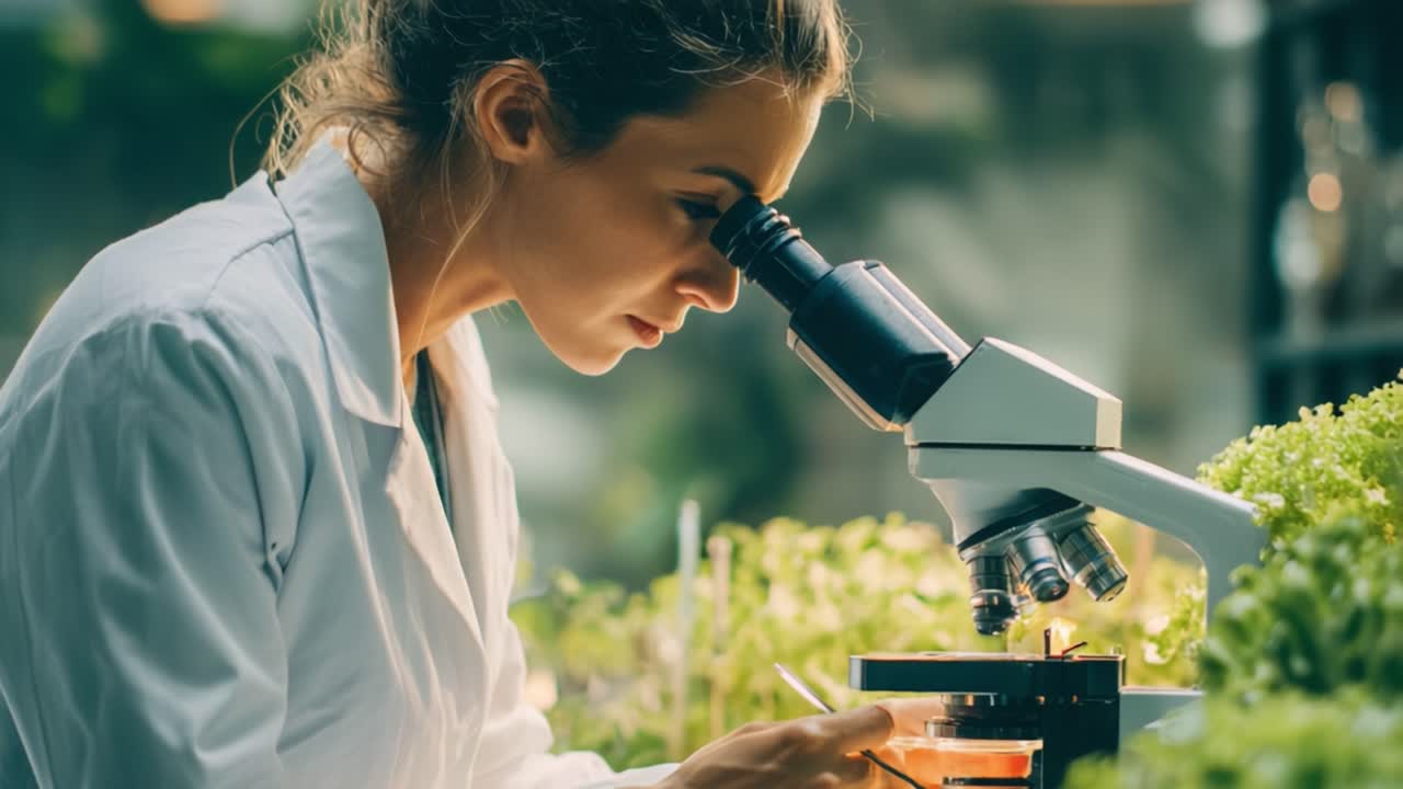 A Dedicated Scientist Examining Samples Under a Microscope in a Lush Green Laboratory, Showcasing Passion for Research and Innovation in Botany