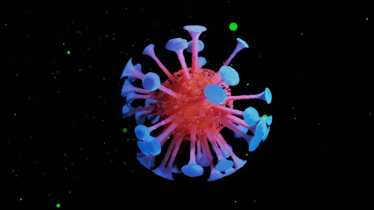 close-up coronavirus type covid-19, h1n1, bird flu or swine flu move smoothly in fluid 3d representation of virus as microbiological microscopic looped background. Red blue gradient