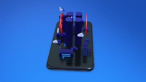 wireless smart city. high speed network. skyscrapers on smart phone. loop.