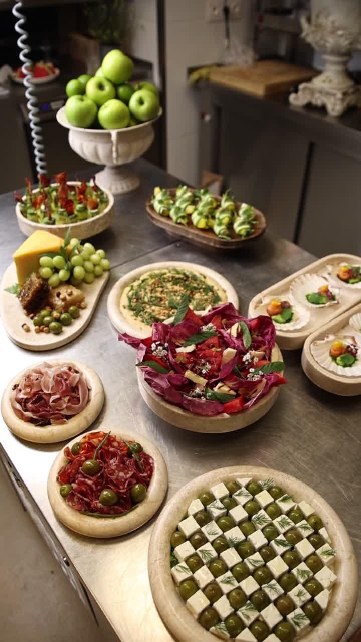 Assortimento di antipasti e stuzzichini freschi gourmet su un tavolo