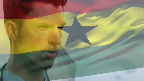 animation of flag of ghana and spots over caucasian male doctor