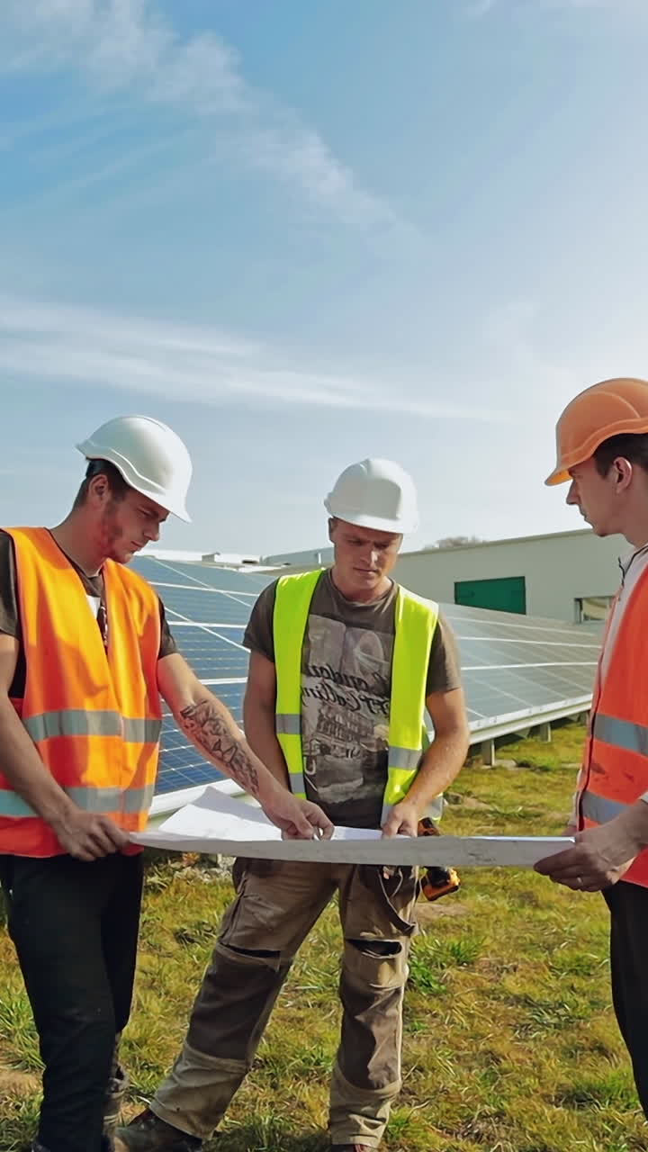 Technicians mounting solar panels. Workers installing alternative energy photovoltaic solar panels