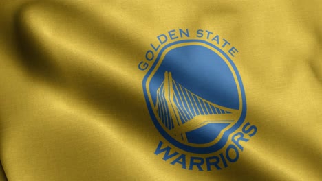 closeup 3d illustration-render of a waving yellow flag featuring the nba basketball team golden state warriors