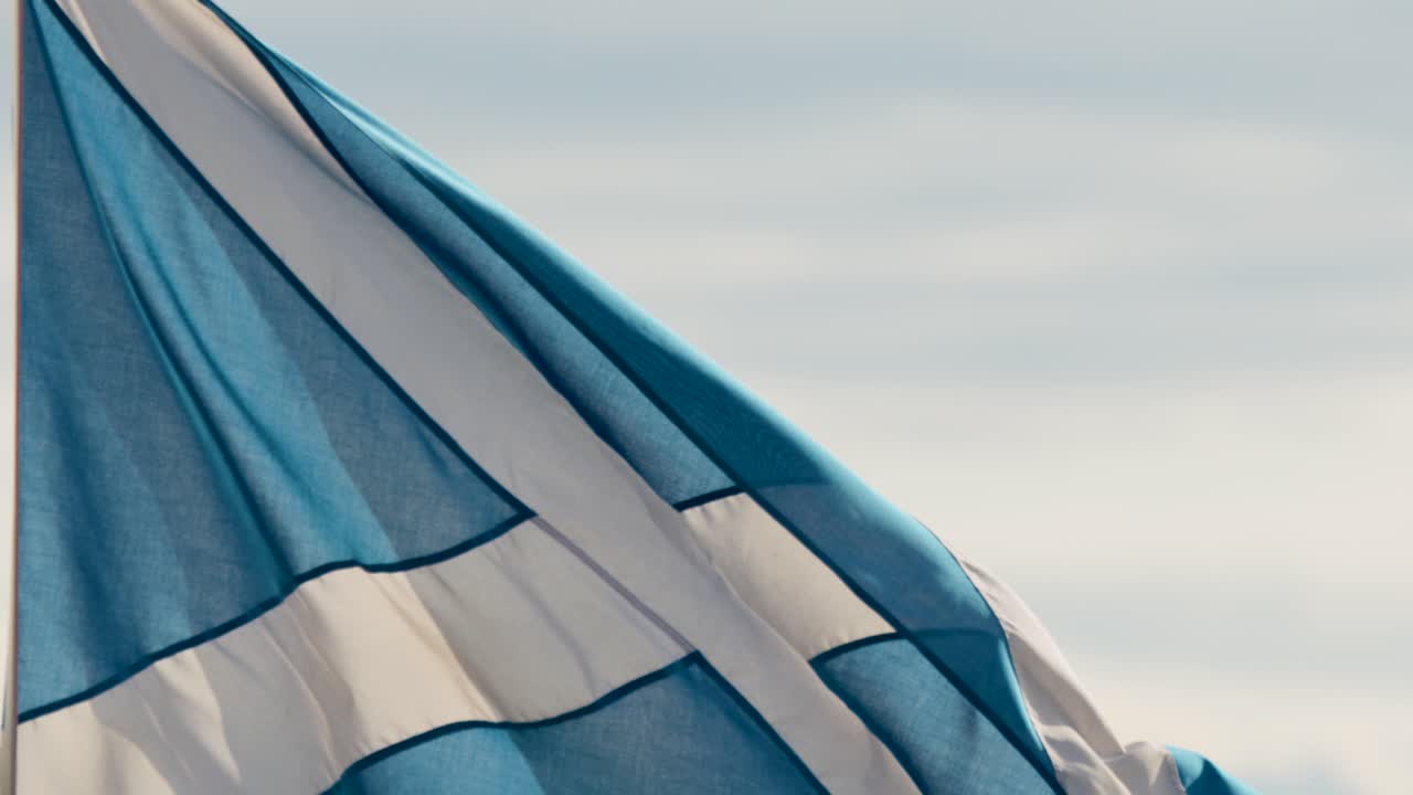 Blue and white flag flutters dynamically outdoors, daylight, close-up, soft natural lighting, steady shot