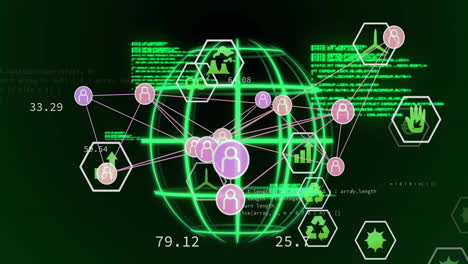 animación de iconos conectados, iconos sostenibles y lenguaje informático sobre un fondo abstracto