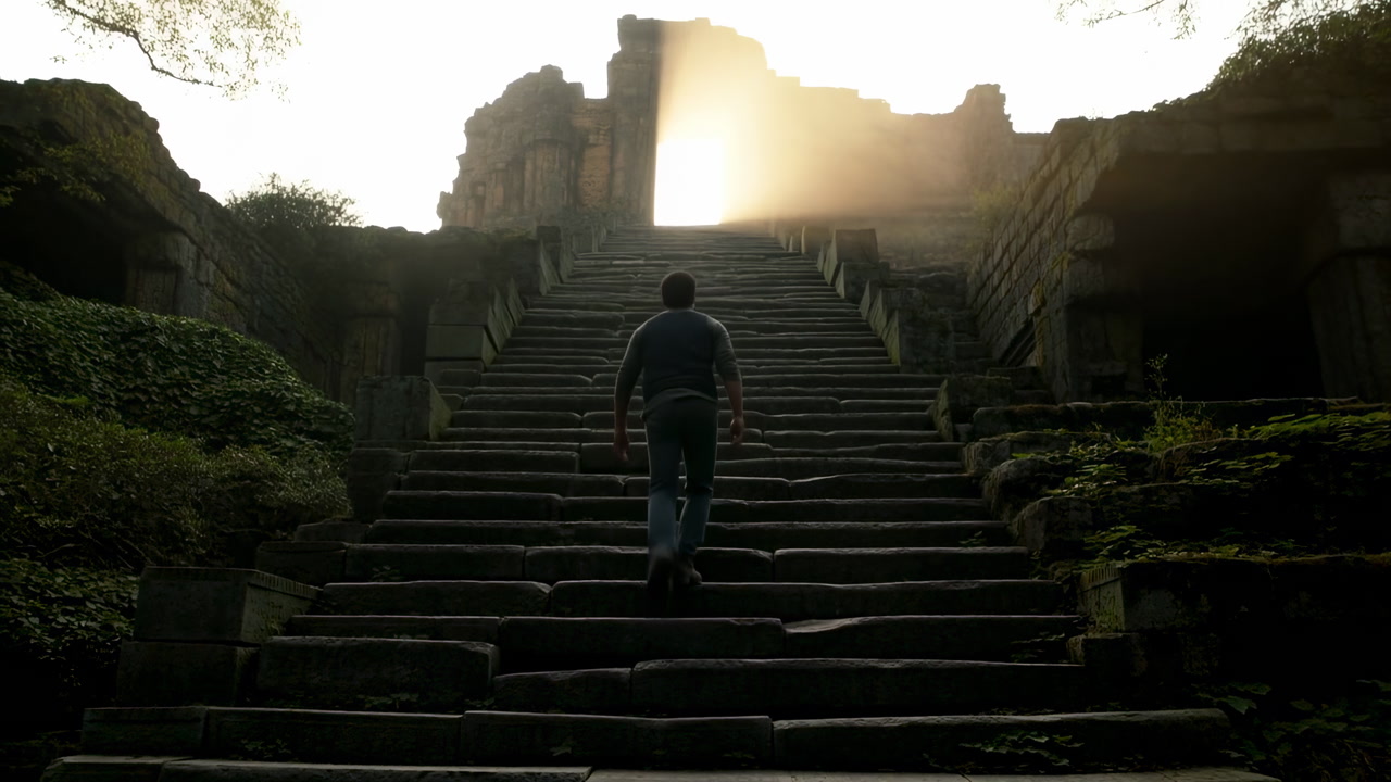 Man Walking Stone Steps Toward Glowing Gateway, Solitary Traveler Climbing Mosscovered Ancient Staircase