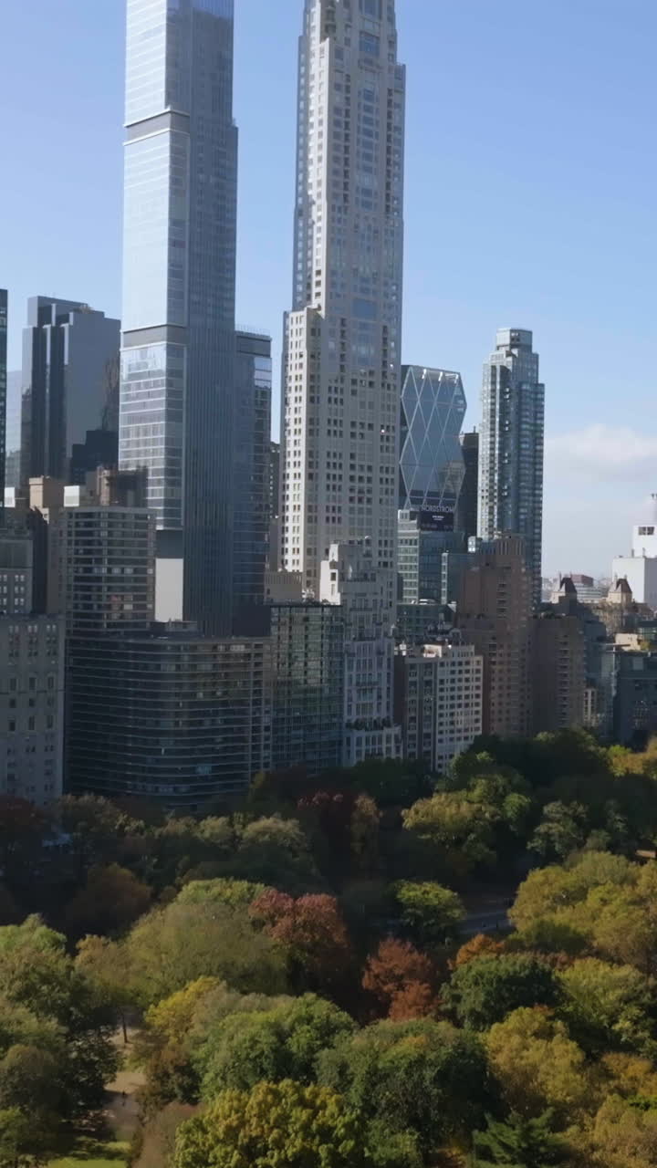 drone vertical disparado sobre central park, hacia la fila de multimillonarios, cae en nueva york