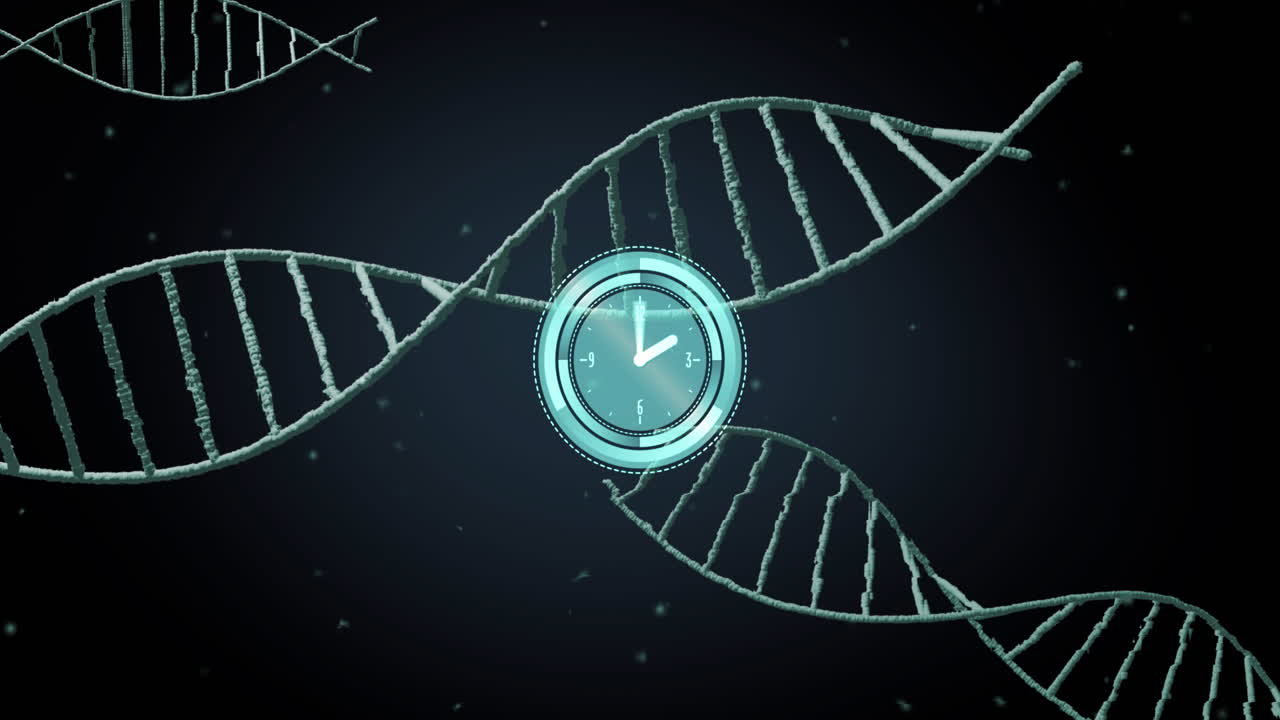 animación de un reloj que se mueve sobre cadenas de adn sobre un fondo negro