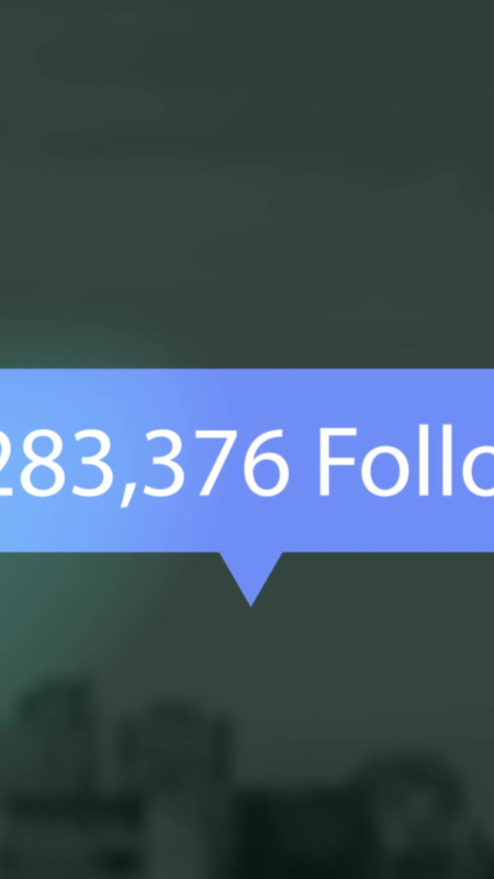 Animation of profile icon with increasing followers on speech bubble against tall buildings