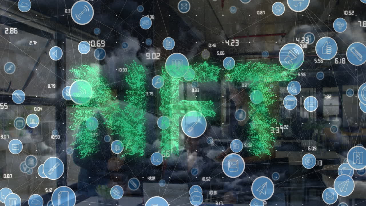 사무실에서 일하는 다양한 사람들에게 디지털 아이콘 네트워크와 nft 텍스트 배너의 애니메이션