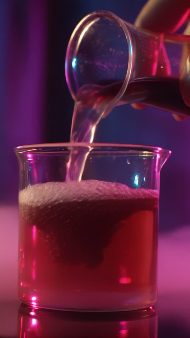 Reazioni chimiche affascinanti: una visuale mozzafiato di liquidi colorati che si mescolano in un becher con bolle ed effetti misteriosi in un'atmosfera di luce soffusa.
